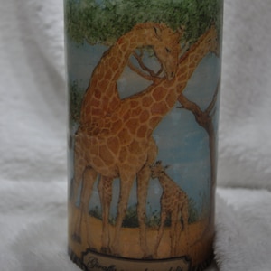 Original African candle with motif Giraffes blue background All around