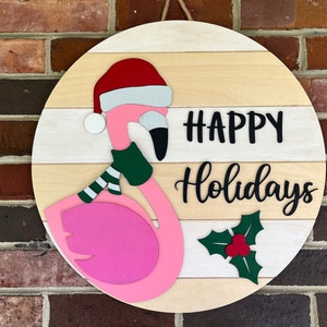 Flamingo Happy Holidays Door Hanger: Birch Wood Front Door Decor