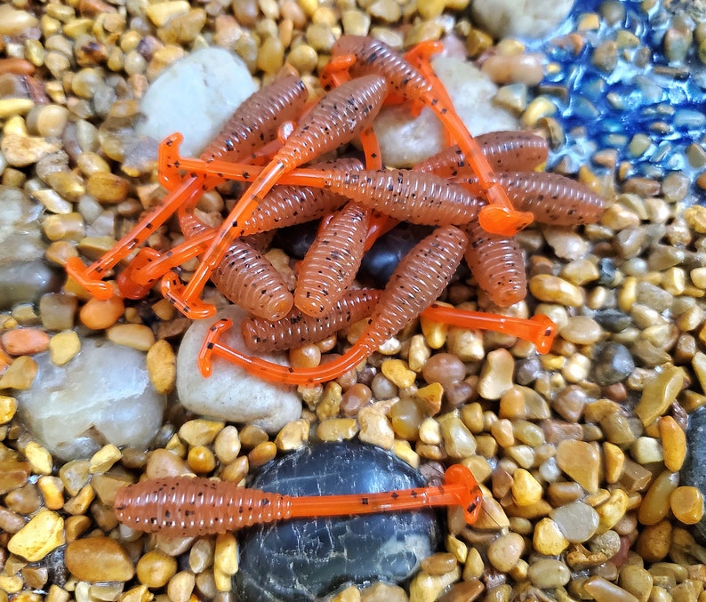 May include: A pile of orange and brown soft plastic fishing lures with black flecks. The lures are shaped like worms and have a curved tail.