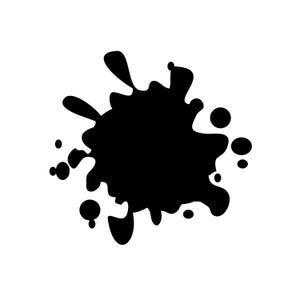 May include: A black ink blotch graphic on a white background. The blotch has an irregular shape with several rounded extensions and smaller circular splatters. This design is suitable for various applications.