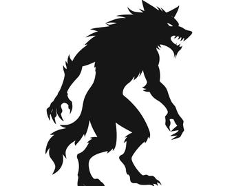 May include: A black silhouette of a werewolf in a standing pose, with sharp claws and teeth bared. The creature has a furry body and a wolf-like head, set against a white background. The image is a graphic illustration.