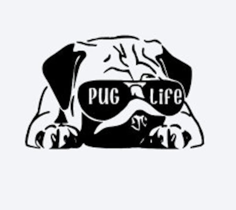 Peut inclure: Graphique en noir et blanc d'un carlin portant des lunettes de soleil avec le texte "Pug Life". Le carlin est allong&eacute;, les pattes visibles. L'image a un design simple et &eacute;pur&eacute;.