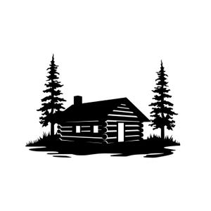 May include: A black and white illustration of a log cabin with a chimney, two pine trees, and a grassy area. The cabin has a door and windows. The image is a silhouette, with a simple, rustic design.