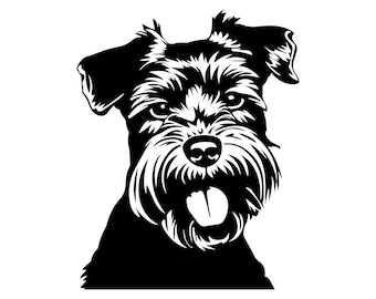 May include: Black and white illustration of a miniature schnauzer dog with its tongue sticking out.