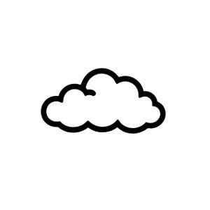 May include: A simple black and white illustration of a cloud. The cloud is depicted with a thick black outline and a white fill, creating a minimalist and clean design. The cloud shape is rounded and fluffy.