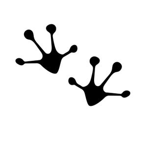 May include: Two black frog footprints on a white background. Each footprint has four toes and a rounded heel. The design is simple and graphic, suitable for various applications.
