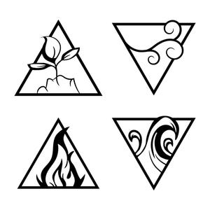 May include: Four black and white triangle symbols representing the four elements: earth, air, water, and fire. Each triangle contains a stylized image of the element.