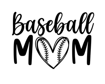 May include: Black and white graphic design with the text "Baseball Mom" and a heart-shaped baseball.