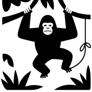 May include: A black and white illustration of a gorilla hanging from a tree branch. The gorilla is depicted with a simple, bold outline, with its arms extended to hold onto the branch. The image has a minimalist style, with a focus on the gorilla's form.
