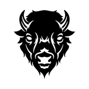 May include: Black and white silhouette of a bison head with detailed fur and horns.