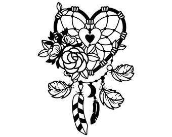 May include: Black and white dreamcatcher in a heart shape, adorned with flowers, leaves, and feathers. The dreamcatcher features a central heart with a smaller heart inside. The design includes a beaded strand and crescent moons.