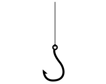 May include: A black fishing hook, suspended by a thin line, against a white background. The hook is curved with a sharp point, and a small ring connects it to the line. The design is simple and graphic, suitable for fishing-related products.