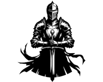 May include: A black and white graphic illustration of a knight in full plate armor, wearing a closed visor helmet. The knight stands in a centered position, holding a long sword vertically with both hands, with a tattered cape flowing behind.