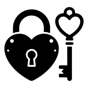 May include: A solid black graphic icon depicting a heart-shaped padlock with a central keyhole and a matching heart-shaped key positioned to the right. The design features clean, bold lines and a high-contrast silhouette against a plain background.