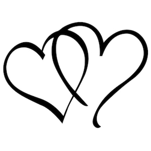 May include: A black and white graphic illustration of two intertwined hearts. The hearts are outlined with thick, bold lines, creating a simple yet striking design. The overlapping design suggests unity and connection, perfect for wedding or anniversary themes.