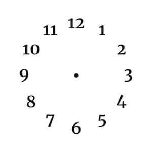 May include: A simple clock face with black numbers 1 through 12 around a black dot in the center.