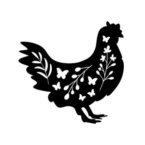May include: Black silhouette of a chicken with white floral and butterfly designs inside the silhouette.