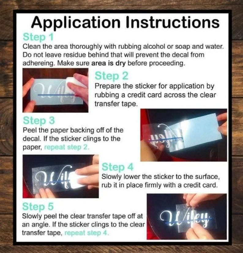 Peut inclure: Instructions &eacute;tape par &eacute;tape pour l'application d'un autocollant, avec le mot "Wiley" visible. Le guide comprend le nettoyage de la surface, la pr&eacute;paration de l'autocollant, le d&eacute;collement du support, l'application de l'autocollant et le retrait du ruban de transfert. Sur fond en bois.