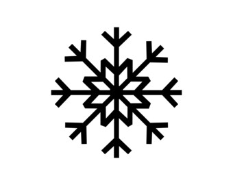 May include: A black and white graphic of a snowflake. The snowflake is symmetrical, with six main arms extending from a central point. Each arm has three smaller branches, creating a detailed, winter-themed design.