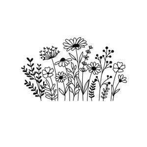 May include: A black and white line drawing of various wildflowers and foliage. The image features daisies, small flowers, and leafy stems, all in a simple, elegant style. The design is suitable for various applications.