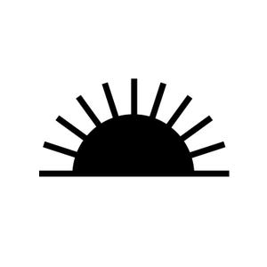 May include: A black and white graphic of a rising sun. The sun is a semi-circle with straight lines radiating upwards. A horizontal line forms the base of the sun.