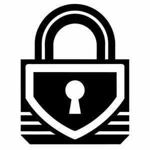 May include: A black and white graphic icon of a padlock. The design features a rounded shackle on top of a shield-shaped body with a central keyhole cutout. The lower portion of the padlock body includes three horizontal stripes in a solid black color.