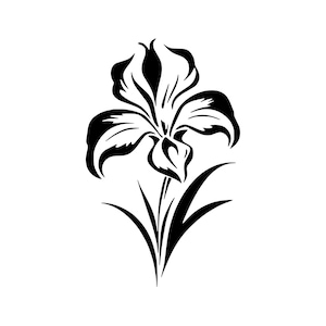 May include: Black and white silhouette of an iris flower with a single stem and leaves.