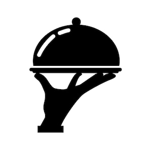 May include: A black and white graphic of a hand holding a covered serving dish. The dish has a rounded top with a small knob. The hand is silhouetted, and the image is set against a white background.