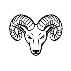 May include: A black and white illustration of a ram's head. The ram has large, curved horns and a stern expression. The image is a simple, graphic design, suitable for logos or emblems.