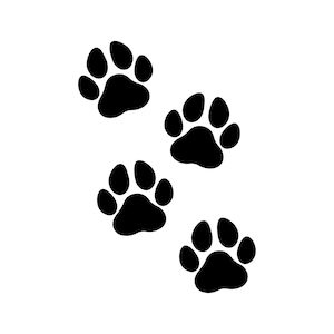 May include: Black paw prints on a white background. Four individual paw prints are arranged diagonally, each with five toes and a rounded heel pad. The design is simple and graphic.