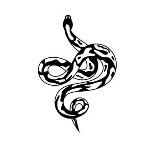 May include: A black and white illustration of a snake in a coiled position. The snake's body is patterned with irregular black shapes on a white background. The snake's head is raised, and its tail tapers to a point.