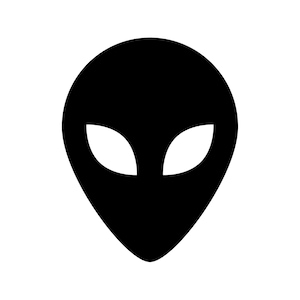 May include: A black alien head silhouette with large, almond-shaped eyes on a white background. The alien's head is oval-shaped, with a smooth, solid black surface. The eyes are white and symmetrical, creating a minimalist design.