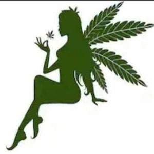May include: A green silhouette of a fairy with wings made of marijuana leaves. The fairy is holding a marijuana leaf in her hand.
