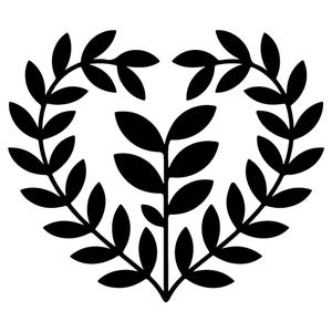 May include: A black and white graphic of a heart-shaped wreath composed of stylized leaves. The leaves are arranged in a symmetrical pattern, with a central stem and curved branches forming the heart shape. The design is simple and elegant.