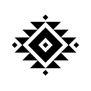 May include: A symmetrical black and white geometric design. The central element is a diamond shape, surrounded by triangles and smaller diamond shapes. The design is a bold, graphic representation, suitable for various applications.