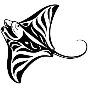 May include: A black and white illustration of a stingray. The stingray is depicted in profile, with its body and fins forming a dynamic shape. The design features curved lines and patterns, giving it a tribal or artistic feel.