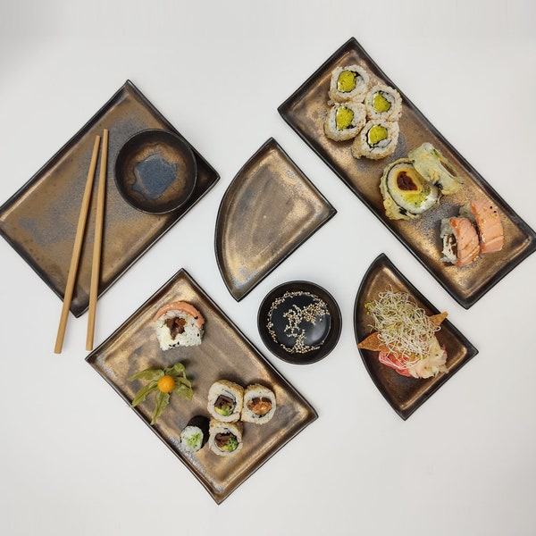 Ceramic Sushi Set, for two, handmade ceramic, GOLD BRONZE, metallic satine glaze, by ceramics studio, gift idea for her, for him