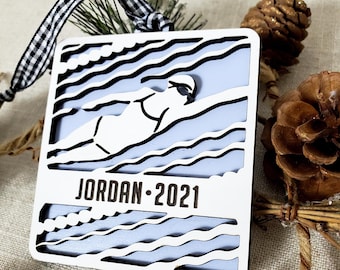 Personalized Swim Ornament, Swim Team Gift, Laser Cut Wood