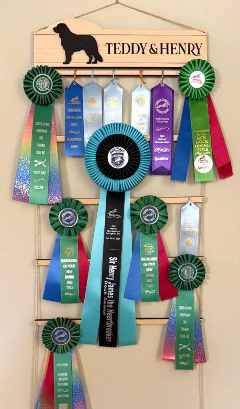 Personalized Dog Show Ribbon Holder: Engraved Wall Hanging Display image 2