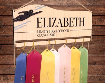 Personalized Swim Ribbon Holder: Engraved Wall Hanging Display