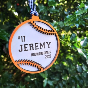 Personalized Baseball Ornament: Laser Cut Wood, Team Colors