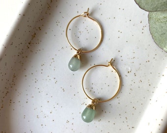 Elegant stainless steel hoop earrings with green aventurine pendants, gold pendant hoop earrings, aventurine, stainless steel gold or silver