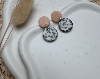 Handmade earrings in clay and acetate, rose & Dalmatian | Round statement earrings | Lightweight and stylish