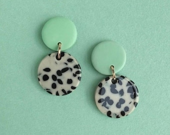Handmade earrings in clay and acetate, mint & Dalmatian | Round statement earrings | Lightweight and stylish