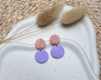 Handmade earrings in clay and acetate, lilac & Dalmatian | Round statement earrings | Lightweight and stylish
