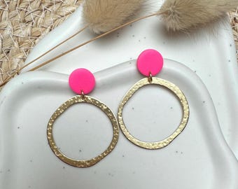 Handmade Polymer Clay Earrings | Pink & Gold | Hammered Matte Finish | Boho Stud Earrings | Lightweight Statement Earrings | Gift