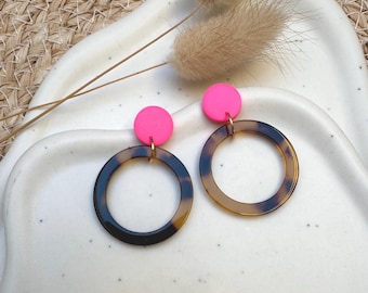 Neon Pink Stud Earrings with Tortoiseshell Rings – Modern Statement Earrings, Acetate Polymer Clay, Lightweight Hoop Earrings, Boho Jewelry Gift for Her