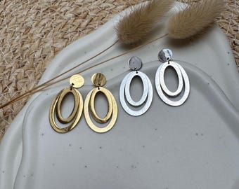 Waterproof earrings in gold or silver, textured stainless steel stud earrings, lightweight oval double ring hoop earrings, modern gift for her