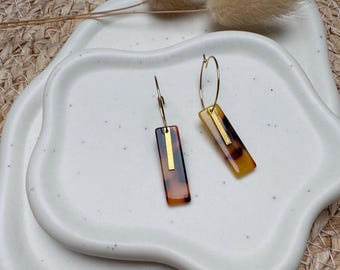 Minimalist rectangular tortoiseshell earrings, geometric drop earrings, gold-tone hoop earrings, modern resin earrings, gift