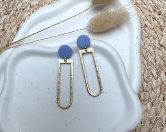 Blue and gold polymer clay and brass drop earrings, geometric statement earrings, minimalist boho jewelry, gift for women, modern